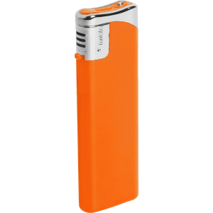 An orange lighter with a metallic top and a silver accent, featuring branding on the side.