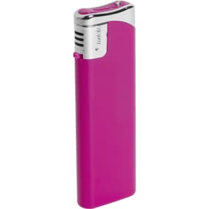 A pink lighter with a silver top and a logo, designed for personal use.