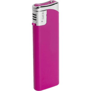 A pink lighter with a shiny silver top and a simple design, featuring a logo on the side.