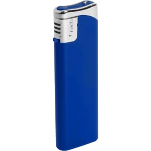 A blue lighter with a chrome top, featuring a sleek design and a logo on the side.