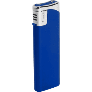 A blue lighter with a silver top, featuring a logo on the side.