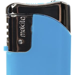 A blue plain lighter with a shiny silver top and branding on the side.