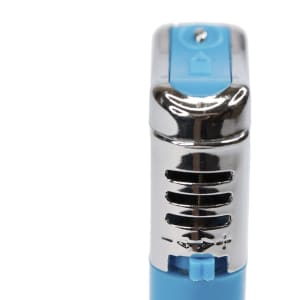 A blue lighter with a metallic top, featuring vents and a blue button for ignition. It has a branding logo on it.