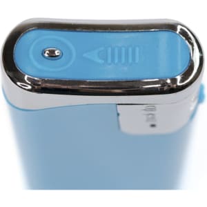 A blue lighter with a shiny silver top, featuring a button and a logo.