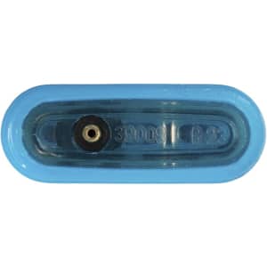 A plain lighter in a blue translucent casing, featuring a small nozzle and a logo.