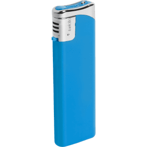 A blue lighter featuring a silver top and a branding logo, shown in an upright position.