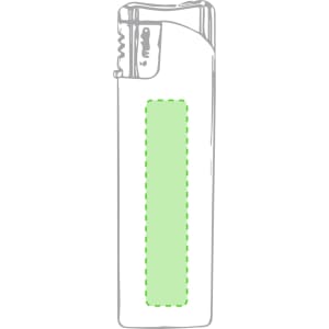 A plain lighter in white with a green section, featuring a simple design and a logo at the top.
