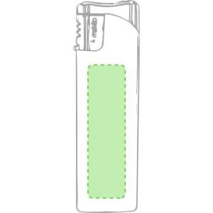 A plastic lighter in white with a green area, featuring a simple design and a small logo.