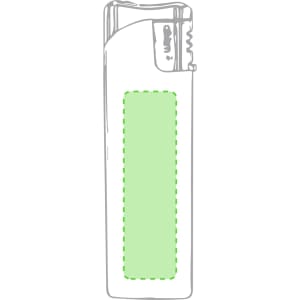 A plain green lighter with a transparent section. It features a simple design and has a small logo.