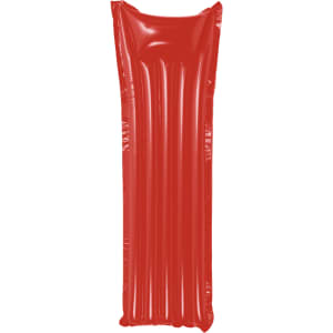 A red inflatable air mattress featuring vertical indentations for comfort. It includes a logo or branding.