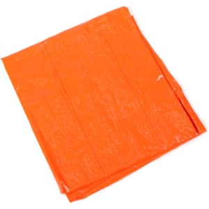 An orange air mattress, flat and folded, with a glossy finish and a branding logo visible.
