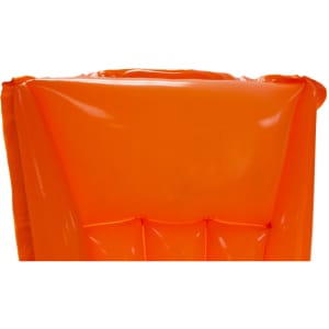 An orange inflatable air mattress with a smooth surface and rounded edges. Features a logo on the side.