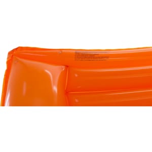 An orange inflatable air mattress with multiple air chambers and a logo on the side.