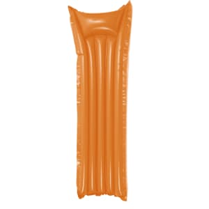 An orange inflatable air mattress with a rectangular shape and headrest. It features vertical grooves and has a logo.