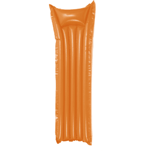An orange inflatable air mattress with a textured surface and raised headrest. It features vertical air chambers and has a logo.