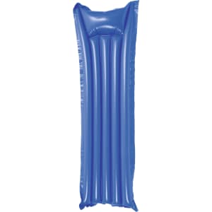 A blue inflatable air mattress featuring ribbed design and a built-in headrest, with branding visible.