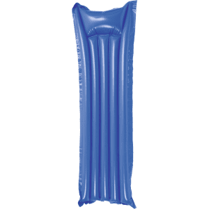 A blue inflatable air mattress with horizontal grooves, designed for outdoor leisure use. It has a logo on one side.