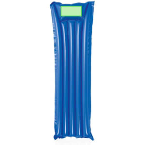 A blue inflatable air mattress, featuring vertical grooves and a solid area at the top. It has a logo.