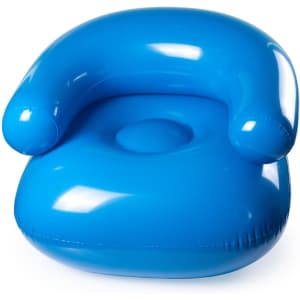 A blue inflatable armchair with a rounded design and two wide armrests, featuring a smooth, glossy surface.