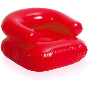 A red inflatable armchair with rounded arms and a cushioned seat, featuring a glossy finish.