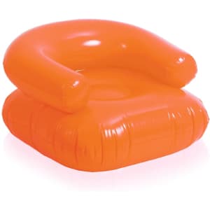 An inflatable armchair in bright orange, featuring rounded arms and a square seat.