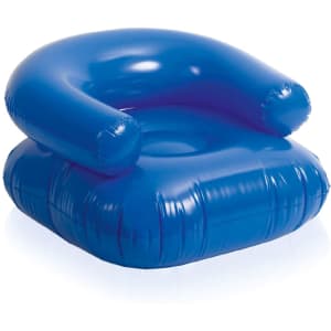 A blue inflatable armchair with a rounded backrest and a cushioned seat. It has a glossy finish and a simple design.