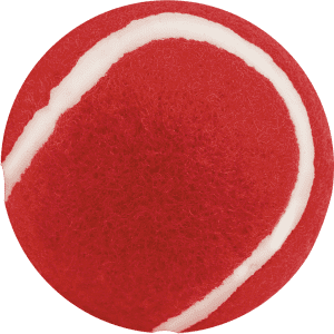 A red pet ball with a white stripe, featuring a soft, furry texture. It includes a logo.