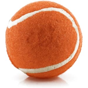 An orange ball with white markings, resembling a tennis ball, featuring a logo on its surface.