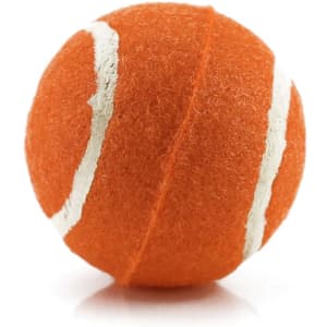 An orange ball resembling a tennis ball, featuring white stripes. The product has a logo on it.