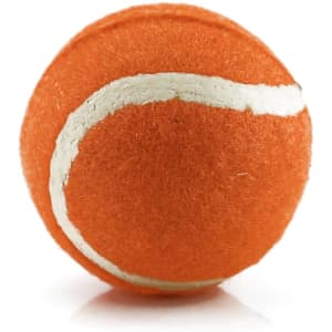 An orange ball resembling a tennis ball, with a white curved stripe, and featuring a logo.