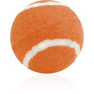 An orange tennis ball with white stripes, featuring a textured surface and a logo.