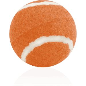 An orange ball with white stripes, designed as a pet accessory. The ball has a fuzzy texture and a round shape.