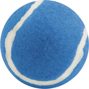 A blue tennis ball with a white stripe, featuring a logo on its surface, designed for pet play.