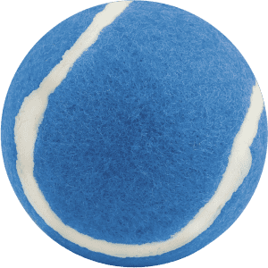 A blue tennis ball with a white stripe, featuring a textured surface. It has a logo present on it.