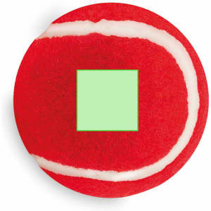A red tennis ball-shaped pet accessory with a white stripe and a green square in the centre. It features a logo.