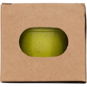A green flowerpot in a cardboard box, featuring a round cut-out window to display the product inside.