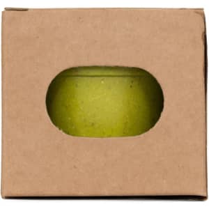 A green flowerpot packaged in a brown cardboard box, featuring a window for visibility. The pot has a textured surface.