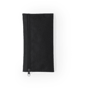 A black pencil case with a zip closure and a simple design, featuring a logo on the surface.