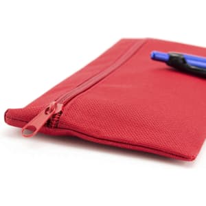 A red pencil case with a zip closure, featuring a blue pen on top. It has a textured surface and a logo.