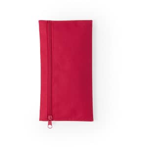 A red pencil case with a zip closure, featuring a simple design and no visible branding.