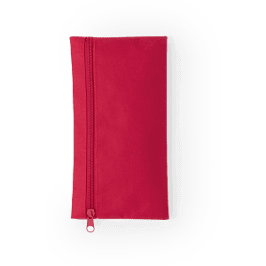 A red pencil case with a zipper, featuring a simple design and a branded logo.