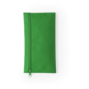 A green pencil case with a zipper, featuring a plain design and no visible branding.