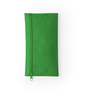 A green pencil case with a zip closure, featuring a simple design and a branding logo.