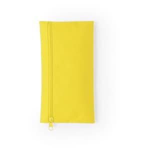 A yellow pencil case with a zipper, featuring a smooth, rectangular design. Includes a logo on the front.