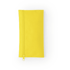 A yellow pencil case with a zip closure, featuring a branding logo on the surface.