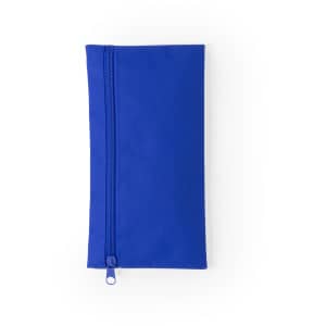 A blue pencil case with a zip closure and a simple design, featuring branding on the exterior.