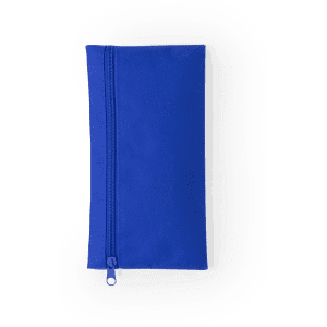 A blue pencil case with a zip closure, featuring a simple design and durable material. It has a logo on the front.