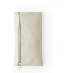 A beige pencil case with a zip closure, featuring a simple design and a smooth texture.