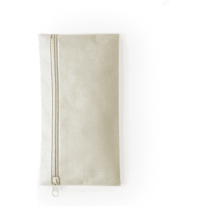 A beige pencil case with a zip closure. It has a simple design and a textured surface.