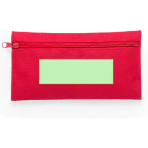 A red pencil case with a zip closure and a blank green label section. It features a branding logo.